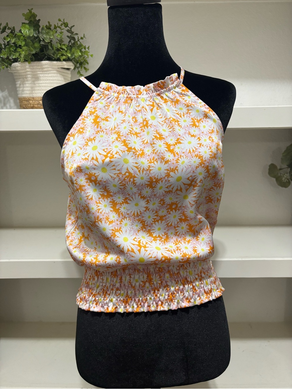 Monteau Orange Daisy Halter Smocked Waist Camisole